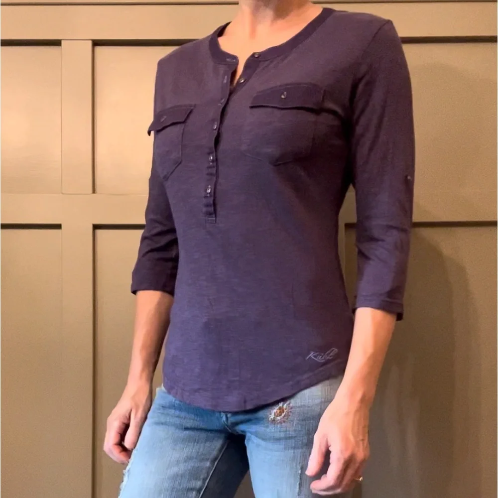 Kuhl Henley Shirt Chest Pockets 3/4 Roll Tab Sleeves Purple Modal Cotton Small